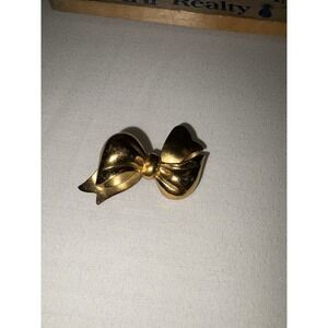 Vintage Ribbon Bow Brooch Pin Yellow Gold Tone Lapel Pin Art Deco Style